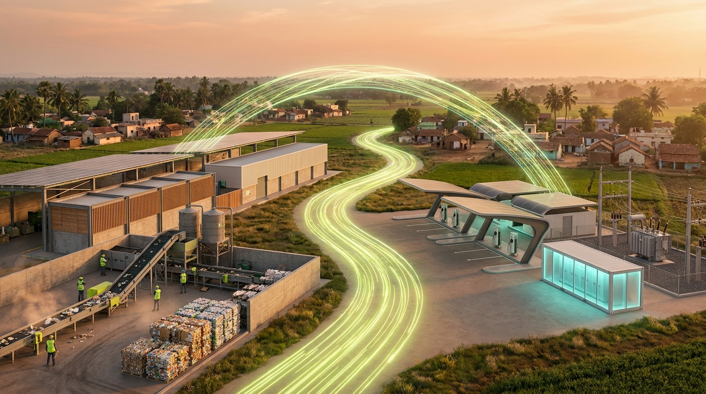 The Circularity Network — a Hub and a Station sharing the same village, connected by a single flowing arc of data